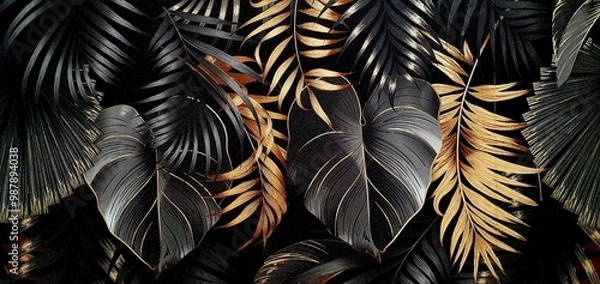 Fototapeta Texture of black wallpaper with an ornament of palm leaves with gold and silver elements. Luxury wallpaper with palm leaves ornament. Black exotic background ornament. Interior design wallpaper.