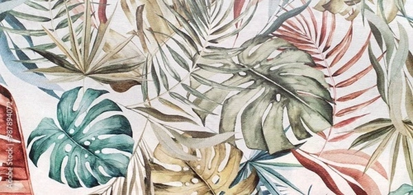 Fototapeta Texture of wallpaper or fabric with an ornament of colored palm leaves on a white background. Print with palm leaves ornament. Exotic background ornament. Interior design wallpaper. Fashion design.