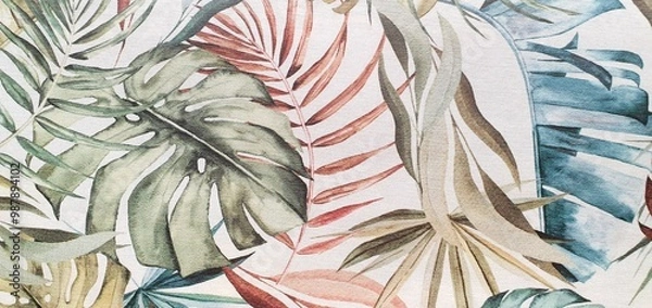 Fototapeta Texture of wallpaper or fabric with an ornament of colored palm leaves on a white background. Print with palm leaves ornament. Exotic background ornament. Interior design wallpaper. Fashion design.