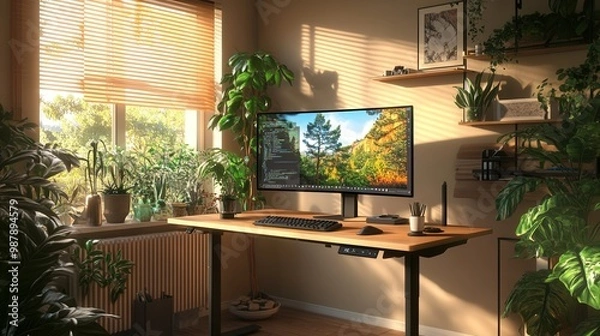 Fototapeta A cozy workspace with a standing desk, large monitor, and plants arranged neatly around the room