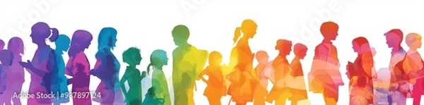 Obraz Colorful silhouettes of diverse people holding hands, Diversity Equity and Inclusion, modern company background