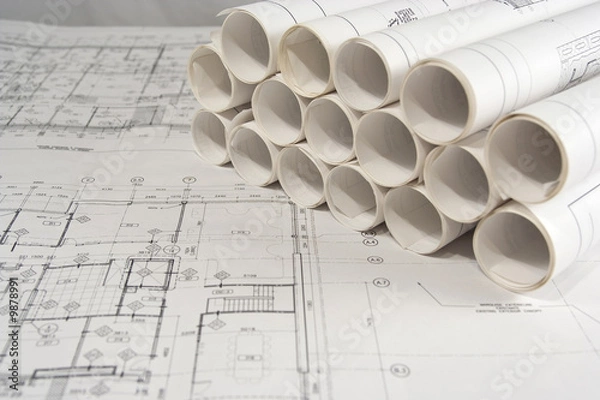 Fototapeta Rolls of engineering (or architectural) drawings (blueprints)