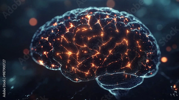 Obraz Brain. Human brain with fractal patterns glowing. Dark backdrop. Complexity and order. Ethical implications of fractal cognition. 