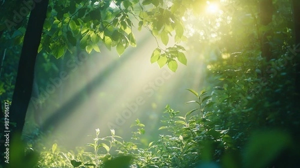 Fototapeta Sunlight Filtering Through Lush Green Foliage in a Forest