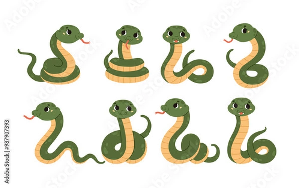 Fototapeta Set of cute green snakes in various poses. Reptile collection. Poisonous animal. Wildlife. Smiling kawaii character. Cartoon style. Flat vector illustration isolated on white background.