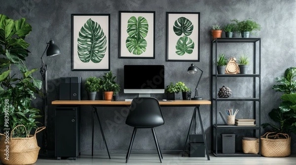 Fototapeta posters with patterns above a desk and computer display in a grey home office with greenery
