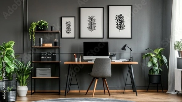 Obraz posters with patterns above a desk and computer display in a grey home office with greenery

