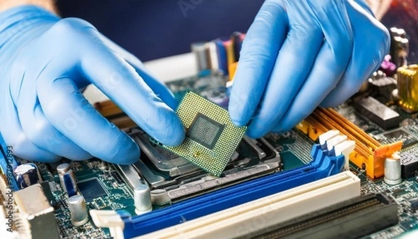 Obraz Hands of person repairing computer motherboard using gloves