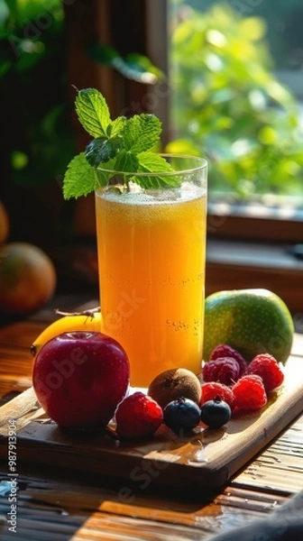 Obraz Vibrant fruit juice on a wooden table