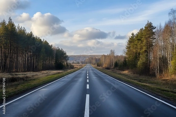 Fototapeta Empty road leading into the forest under blue sky with clouds