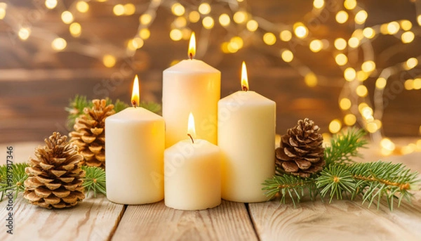 Obraz Festive candles decorated with pine cones, Christmas tree toys, pine branches on a blurred background with shiny bokeh lights. Christmas and New Year background