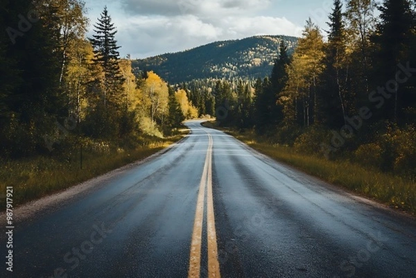 Fototapeta Empty Asphalt Road Through a Forest with Yellow Trees in Autumn,  Clouds in the Sky