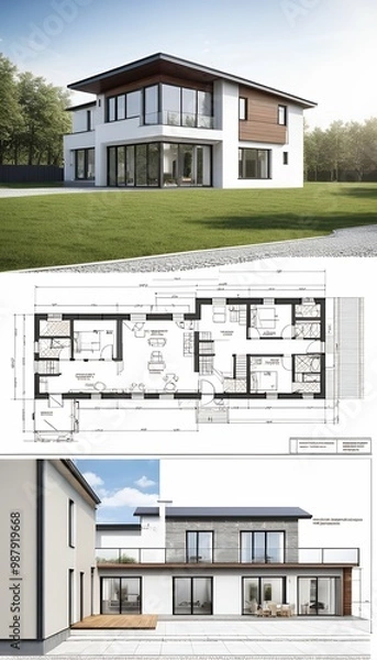 Obraz rendering located 3d house private modern drawing architectural technical  line three-dimensional apartment architectural architecture bathroom bedchamber blueprint building business cad city concept