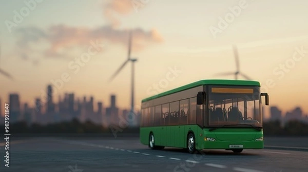 Fototapeta A green bus parked in a scenic urban area with wind turbines and a city skyline in the background, showcasing sustainable transportation.