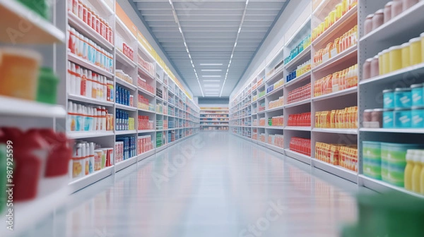 Obraz Shopping in the supermarket, Shelves with goods in the store, Clearance aisle, Sales, Discounts, Black Friday, Shopping