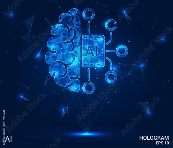 Fototapeta Hologram AI. AI made of polygons, triangles, dots, and lines. Low-poly AI structure of connections. Technology concept vector.