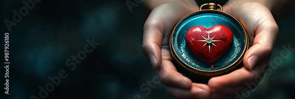 Fototapeta Heart. Human heart as a compass guiding through darkness. Dark background. Direction and purpose. Ethical implications of AI guidance. 
