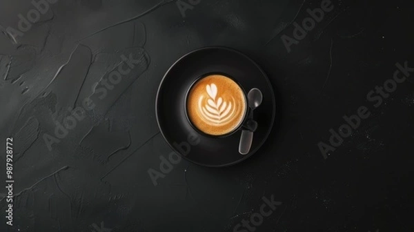 Fototapeta A latte art creation in a black cup on a dark surface