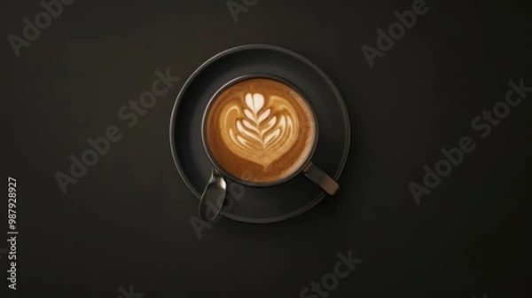 Fototapeta Creamy latte art displayed on a black table setting