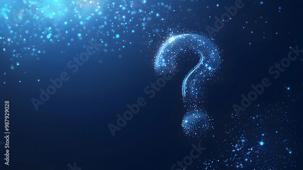 Fototapeta question mark blue neon lighting hologram underwater tech technology ask for help faq digital concept network communication connection net connected points glowing