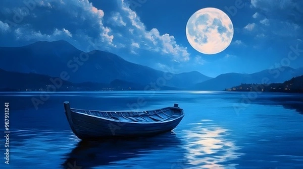 Fototapeta A glowing full moon shines on a boat in painting image