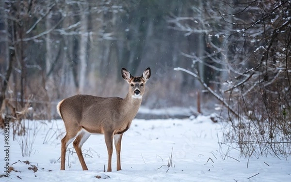 Fototapeta A deer stands in a snowy forest, looking directly at the camera.