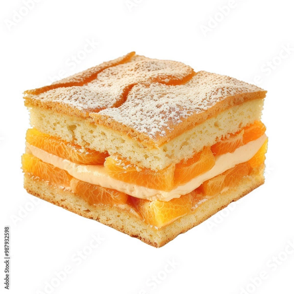 Fototapeta Square cake with orange filling and icing sugar topping on white background