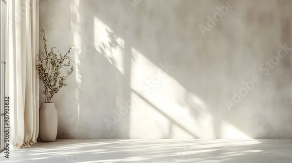Obraz home design ideas mock up creative background white concrete wall with beige curtain hanging on the wall with sun light make shade from shadow frame house beautiful,generative ai