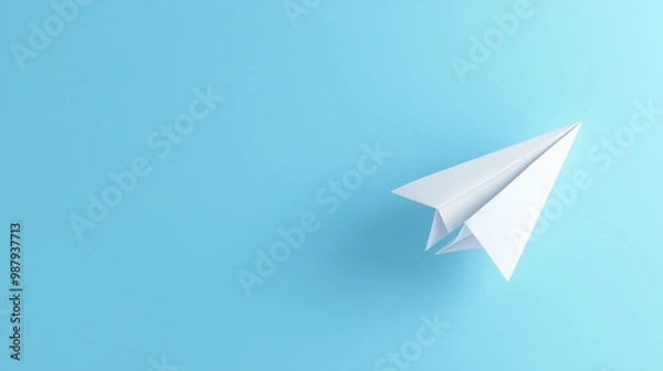 Fototapeta A white paper airplane against a blue background, in a minimalist style
