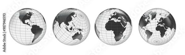 Fototapeta Wireframe globe set. Earth planet globe set from different views with meridians and parallels. 3D vector EPS 10