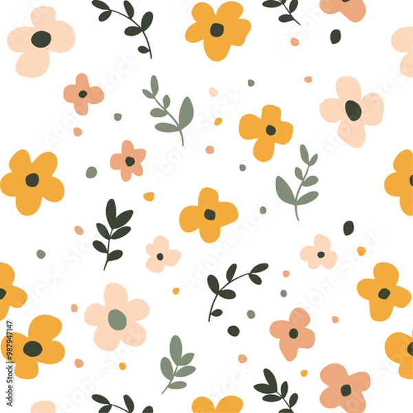 Fototapeta Floral abstract seamless pattern. Vector design for different surfases. Vintage 70s style flower background illustration