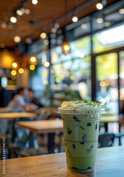Obraz Refreshing iced matcha latte in a cozy café setting