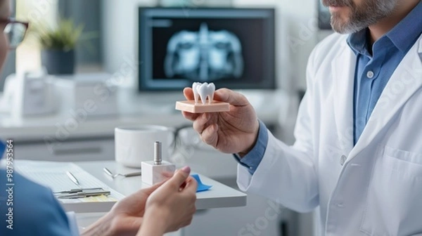 Obraz A dentist discussing oral health with a patient during an examination in a modern clinic setting