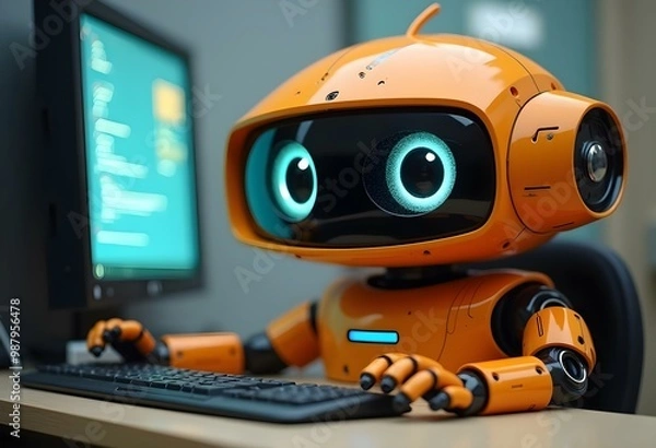 Fototapeta An orange robot with large expressive eyes and a friendly expression, sitting at a computer and working on a task