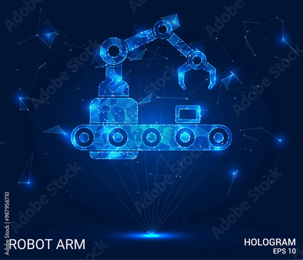 Fototapeta A hologram of a robotic arm. A conveyor with a robotic arm made of polygons, triangles of dots and lines. The robotic arm has a low-poly connection structure. Technology concept vector.