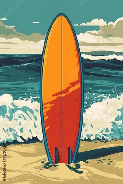 Obraz Simple shape poster illustration of a surfboard standing in the sand with the ocean behind a closeup of a brightly colored surfboard planted in the sand with waves crashing 