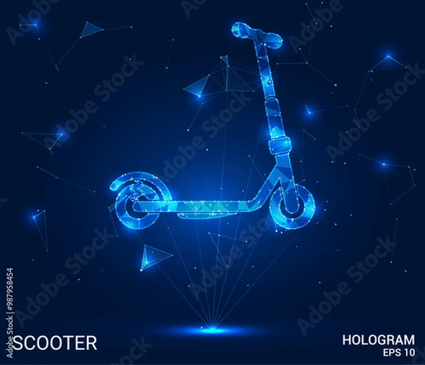 Fototapeta A hologram scooter. A scooter made of polygons, triangles of dots and lines. The scooter has a low polygonal connection structure. Technology concept vector.