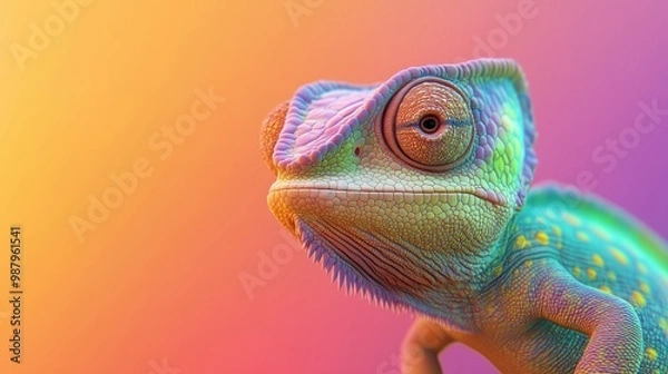 Fototapeta Close-up of a colorful chameleon with a vibrant, gradient background in shades of pink, orange, and purple.