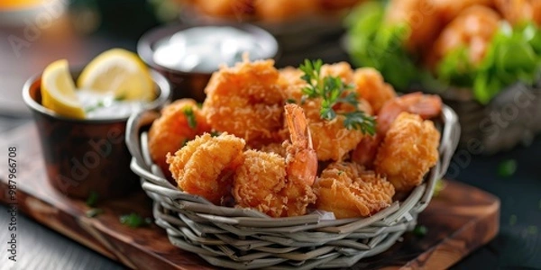 Fototapeta Tempting presentation of crispy golden shrimp accompanied by zesty tartar sauce in charming woven baskets.