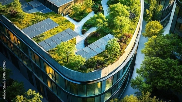 Fototapeta A high-resolution image of a modern hospital building designed with sustainability in mind, featuring green roofs, solar panels, and energy-efficient windows.