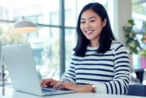Obraz Attractive smiling Filipino woman wearing glasses and a striped sweater, sitting at her desk and typing on a computer, with a scenic window view in the background, conveying a positive and productive 