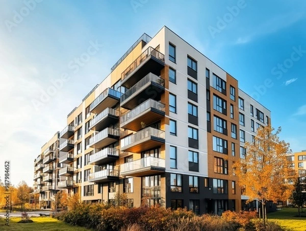 Fototapeta Modern apartment building exterior with panoramic windows and balconies in Scandinavian style under blue sky, showcasing contemporary residential design and urban real estate concept.