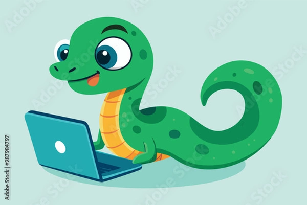 Fototapeta Vector illustration of cute green python coding on the laptop