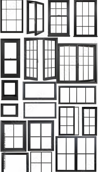 Obraz white black olated collection window frames  window isolated frame casement double black colours open close hang plastic flat blank modern contemporary new simple square rectangular pane panel clip