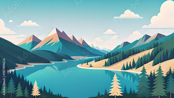 Obraz Stunning Vector Illustration: Mountain Landscape with Lake and Trees in Pastel Colors – Perfect for Desktop Backgrounds