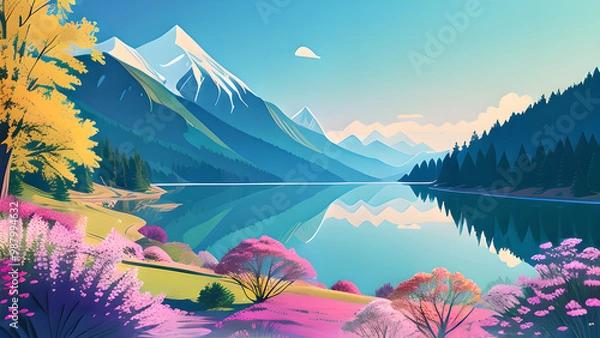 Obraz Stunning Vector Illustration: Mountain Landscape with Lake and Trees in Pastel Colors – Perfect for Desktop Backgrounds