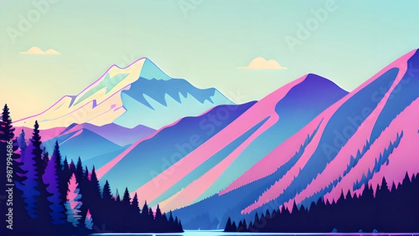 Obraz Stunning Vector Illustration: Mountain Landscape with Lake and Trees in Pastel Colors – Perfect for Desktop Backgrounds