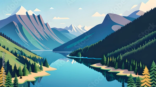 Obraz Stunning Vector Illustration: Mountain Landscape with Lake and Trees in Pastel Colors – Perfect for Desktop Backgrounds