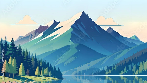 Obraz Stunning Vector Illustration: Mountain Landscape with Lake and Trees in Pastel Colors – Perfect for Desktop Backgrounds