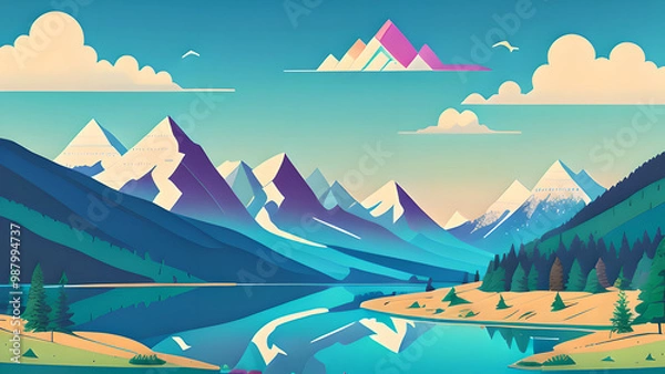 Obraz Stunning Vector Illustration: Mountain Landscape with Lake and Trees in Pastel Colors – Perfect for Desktop Backgrounds